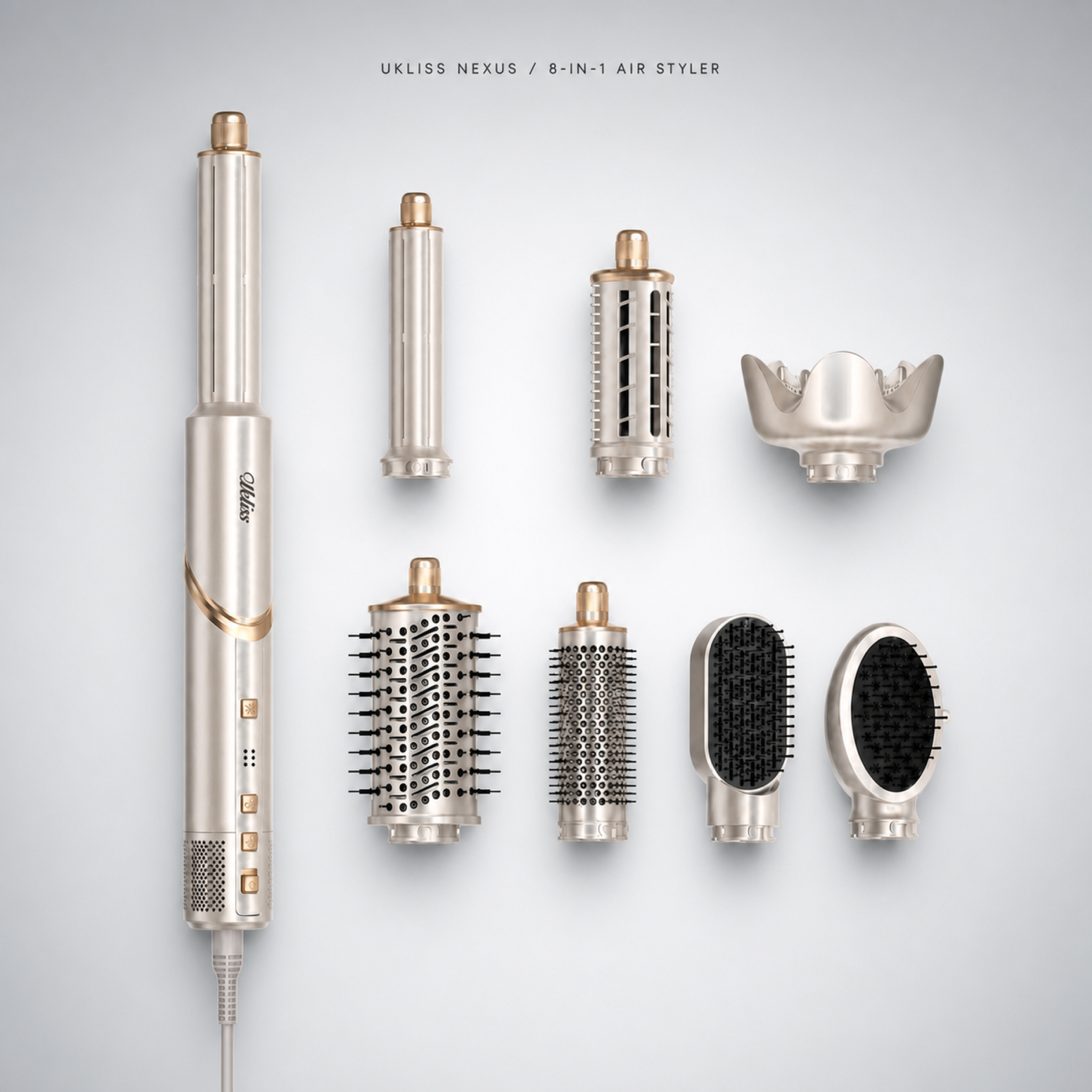 A 8-in-1 air styler set by Ukliss Nexus, featuring a metallic silver and gold main body with multiple interchangeable attachments including barrels, brushes, and a diffuser, arranged on a light gray background.