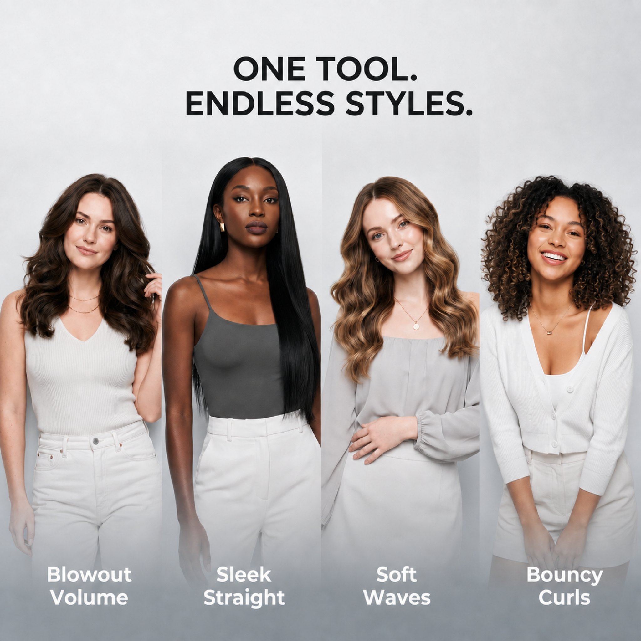 Four women modeling different hair styles under the text 'ONE TOOL. ENDLESS STYLES.