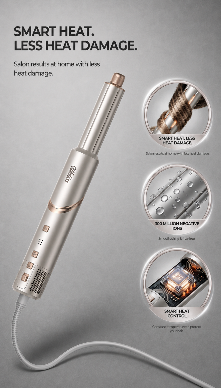 A silver and rose gold hair straightener shown on a gray background with marketing text and three circular feature callouts highlighting smart heat, heat damage reduction, and water resistance.